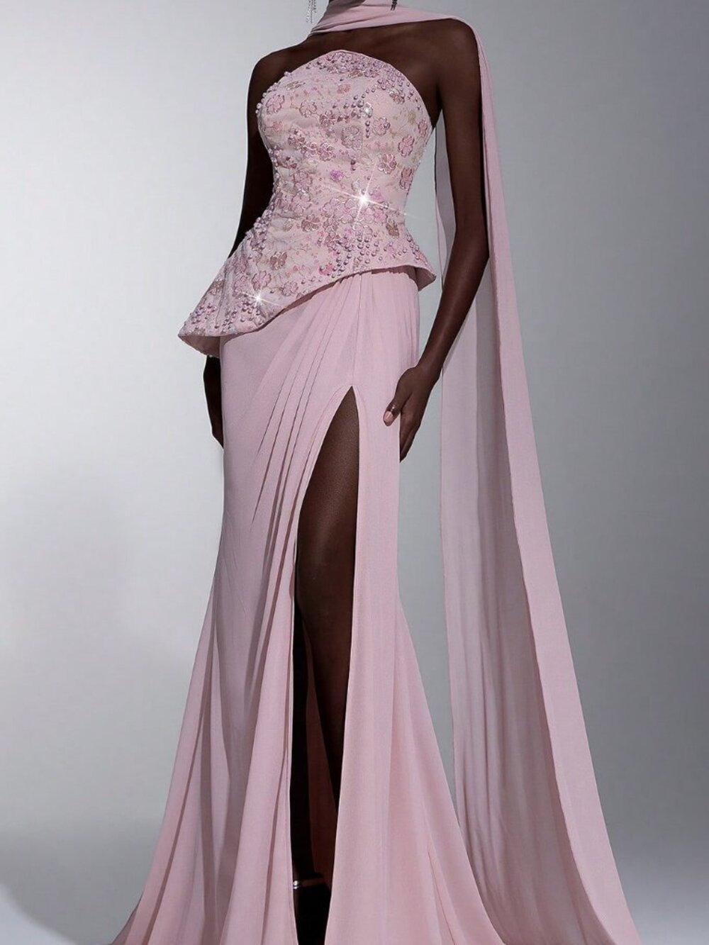 Pink Elegant Women's Mermaid Dress – Chiffon with Pearl Embellishments and Train